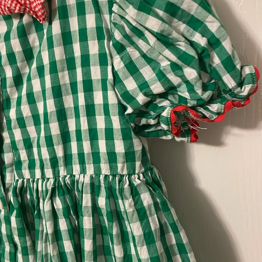 Green Gingham Apple Embroidered Short-Sleeve Dress for Girls